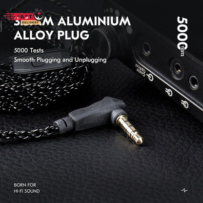 KZ ZS10 PRO Cable with Mic featuring black braided wire and gold 3.5mm angled aluminum alloy plug near audio device ports