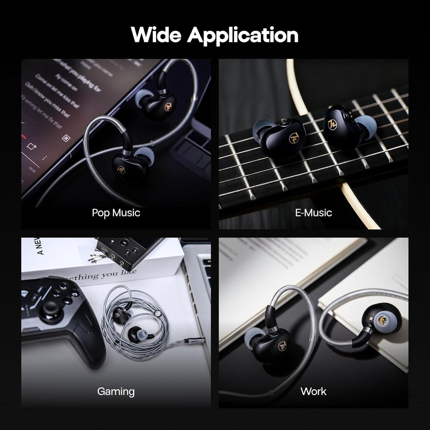 Linsoul 7HZ G1 earbuds displayed in four settings: music, gaming, work, and casual use, showcasing versatility and design.