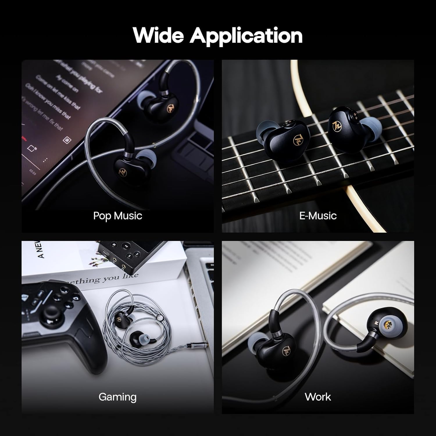 Linsoul 7HZ G1 earbuds displayed in four settings: music, gaming, work, and casual use, showcasing versatility and design.