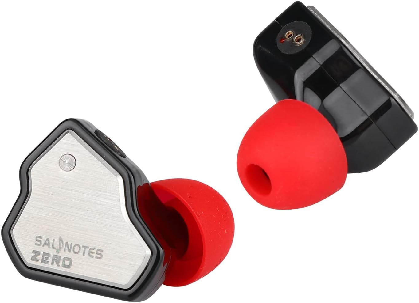 Salnotes Zero in-ear wireless earbuds with red silicone tips and brushed metal outer casing design