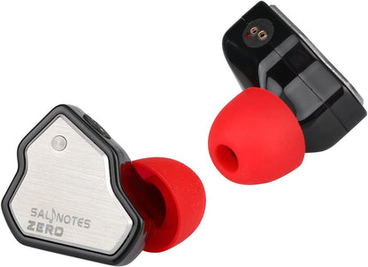 Salnotes Zero in-ear wireless earbuds with red silicone tips and brushed metal outer casing design