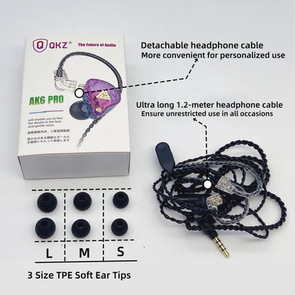 QKZ AK6 Pro in-ear headphones with detachable 1.2m cable and three sizes of soft TPE ear tips displayed.