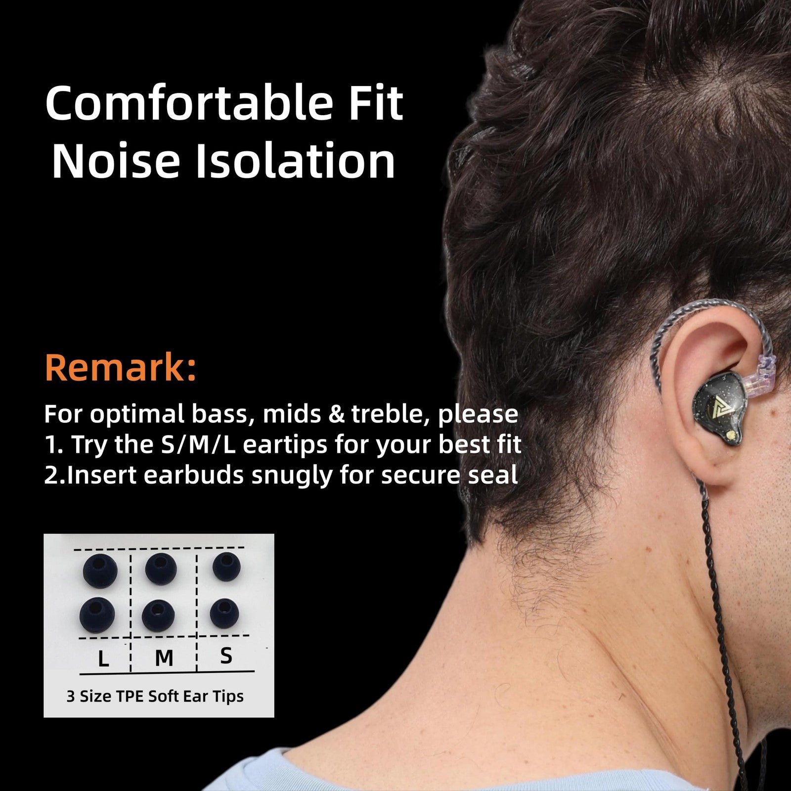 QKZ AK6 Pro earphones worn in ear showing comfortable fit and noise isolation with instructions for ear tip sizes.
