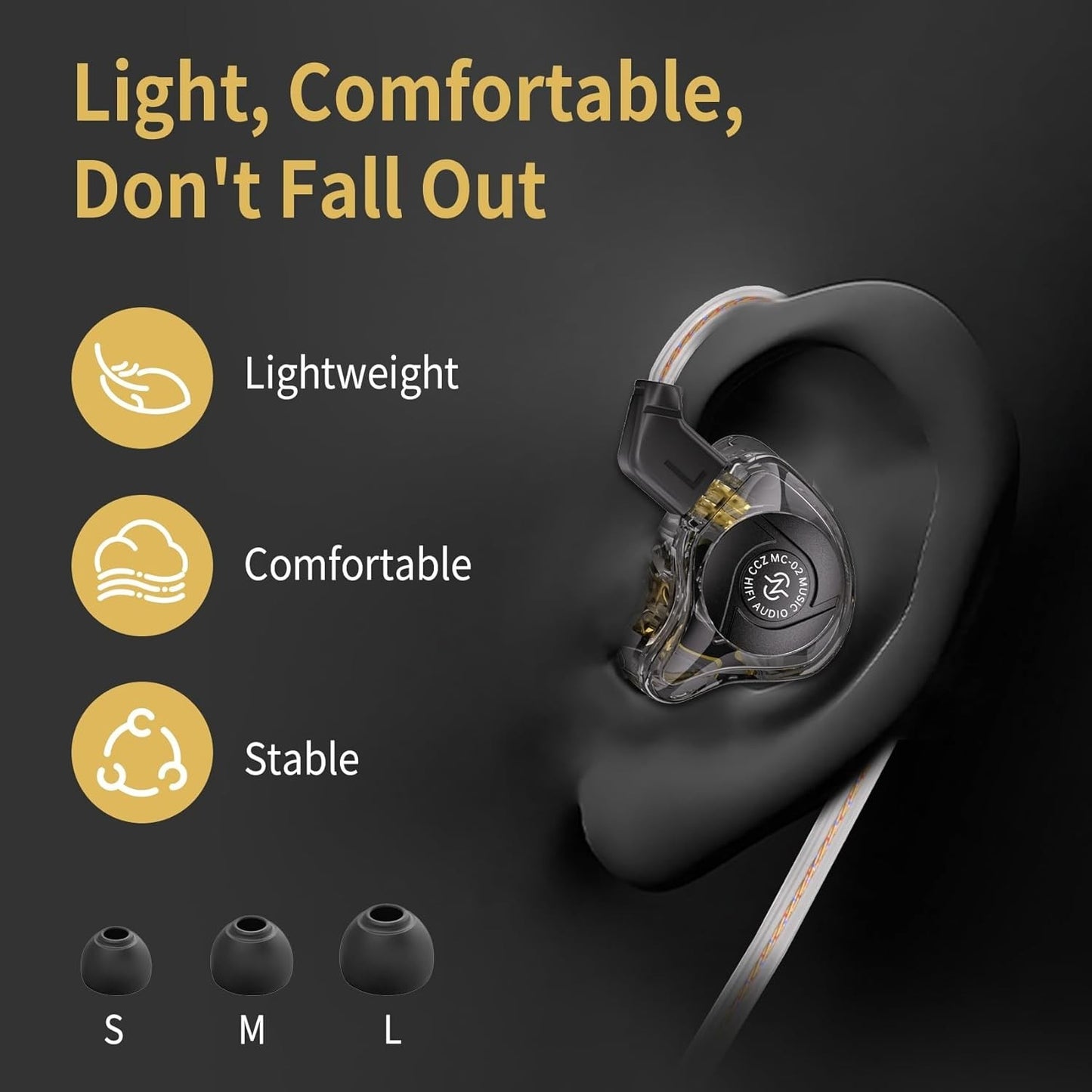 THE VOLTRAY VAULT CCZ MC02 in-ear headphones with lightweight design, comfortable fit, and stable ear tips in small, medium, 
