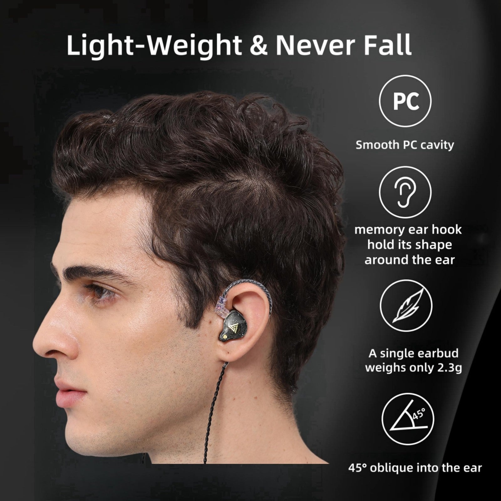 Close-up of a man wearing QKZ AK6 Pro earbuds with features like lightweight, memory ear hook, and angled fit shown.