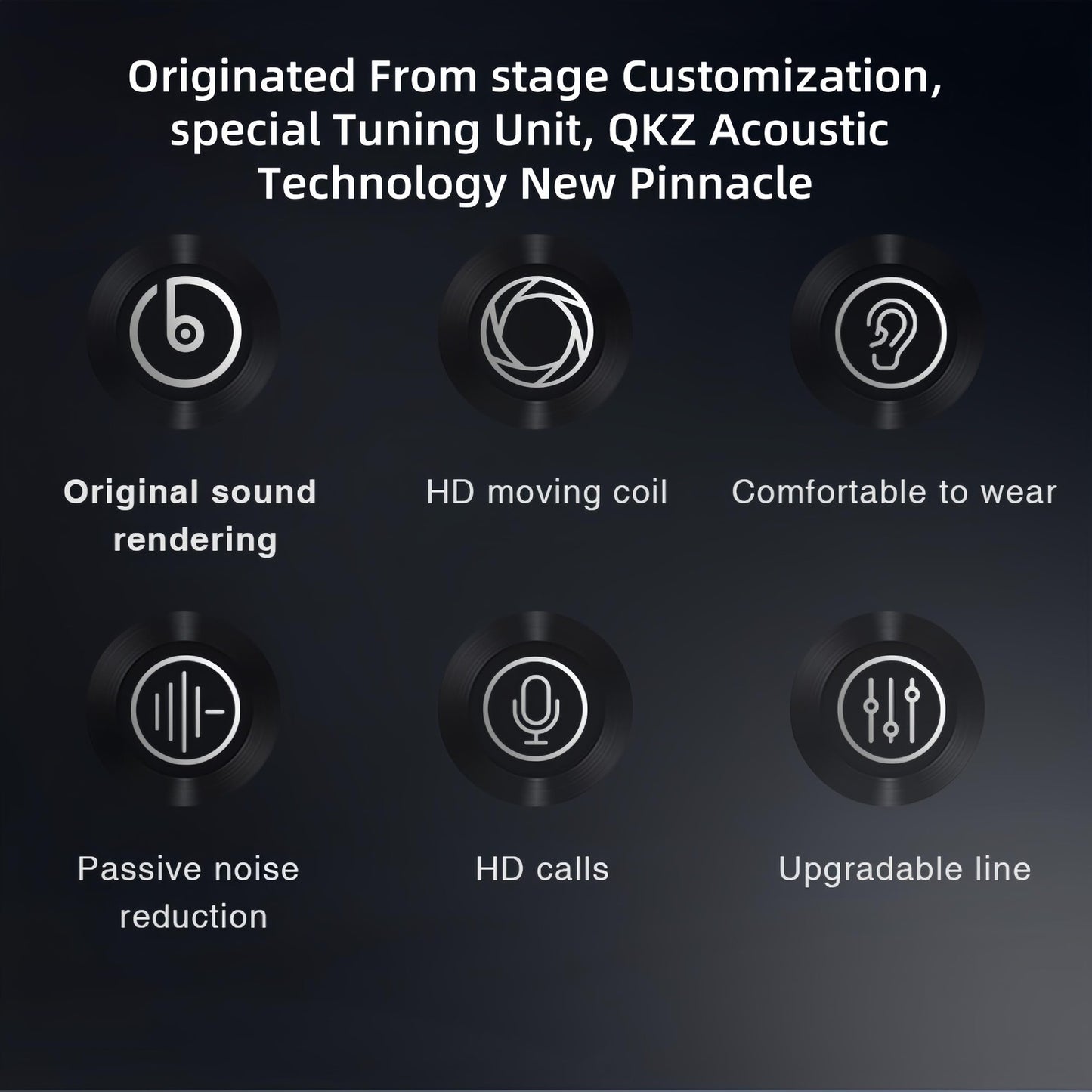 QKZ AK6 Pro features original sound, HD moving coil, comfort, noise reduction, HD calls, and upgradable line icons.