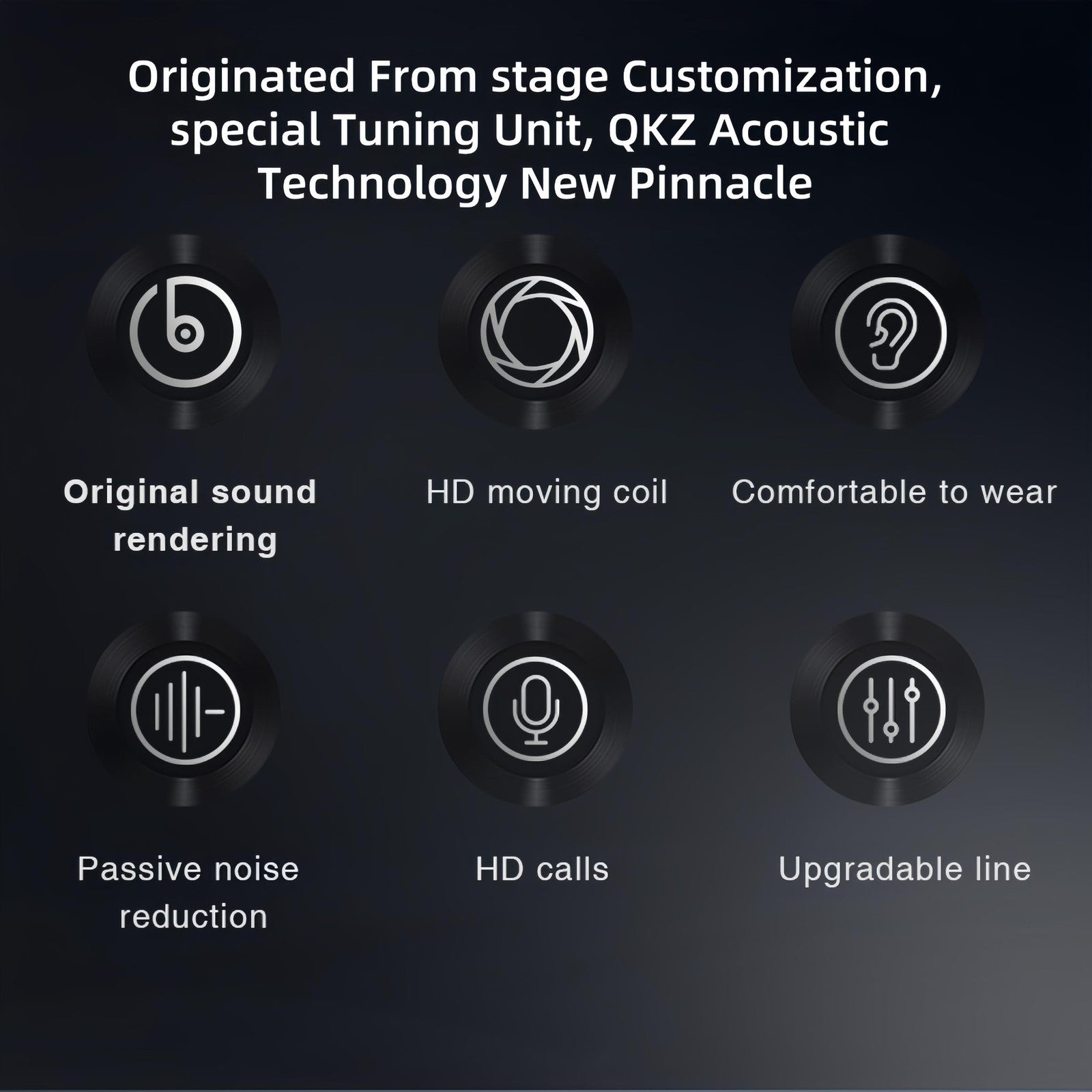 QKZ AK6 Pro features original sound, HD moving coil, comfort, noise reduction, HD calls, and upgradable line icons.