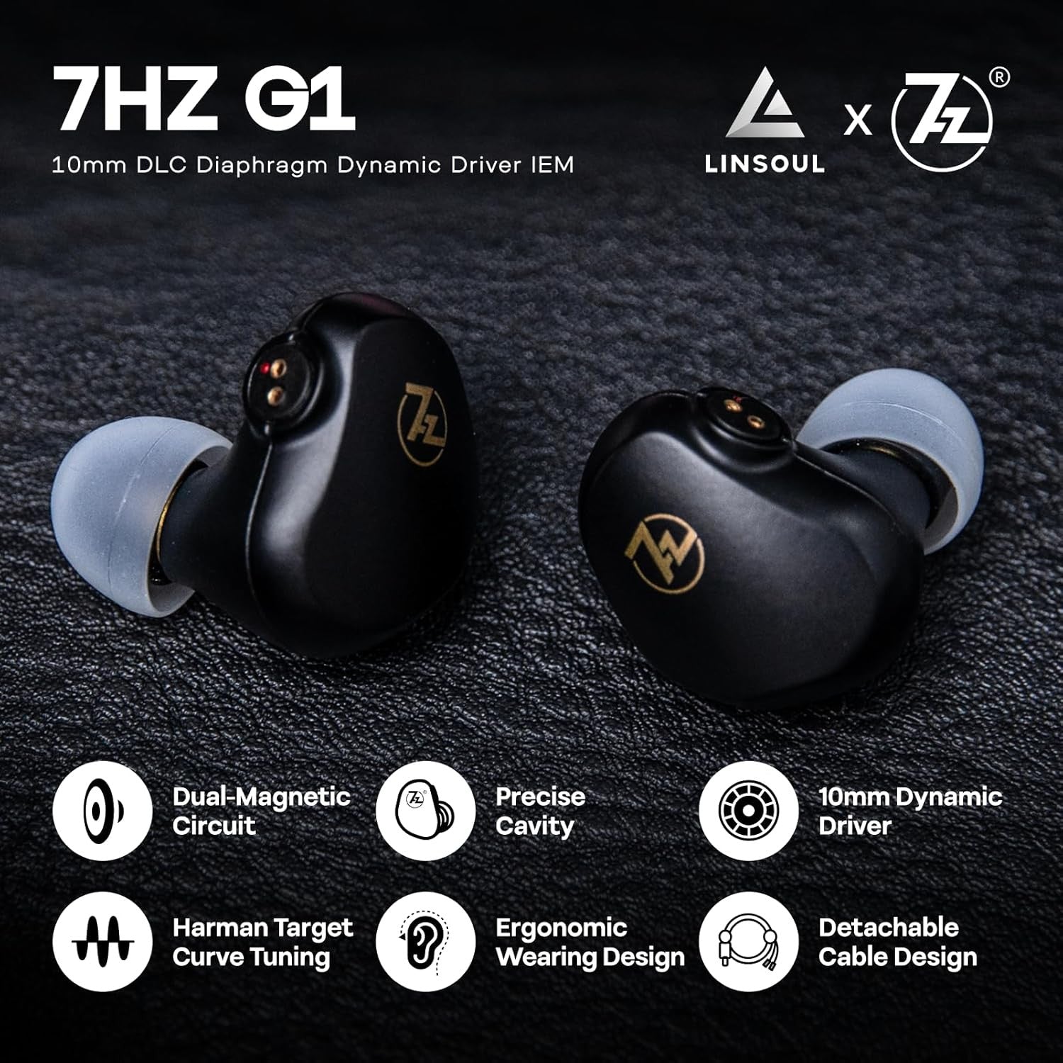 Linsoul 7HZ G1 in-ear monitors featuring a 10mm dynamic driver, ergonomic design, and detachable cable.