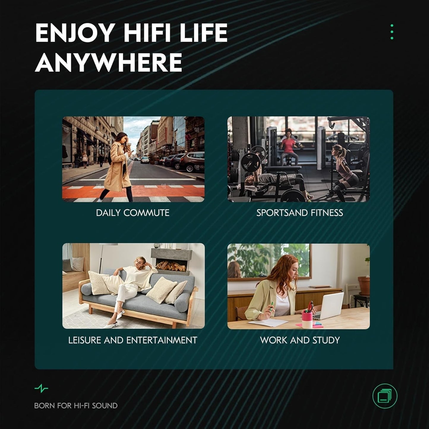 CCZ BC01 PRO lifestyle collage showing daily commute, sports and fitness, leisure entertainment, work and study settings.