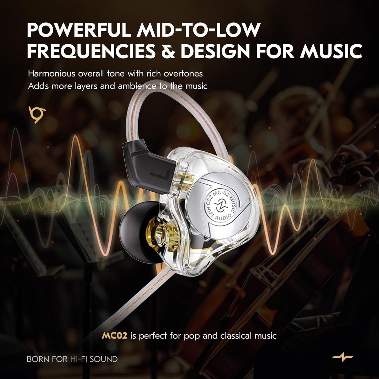 THE VOLTRAY VAULT CCZ MC02 in-ear monitors with clear design, emphasizing powerful mid-to-low frequencies for music.