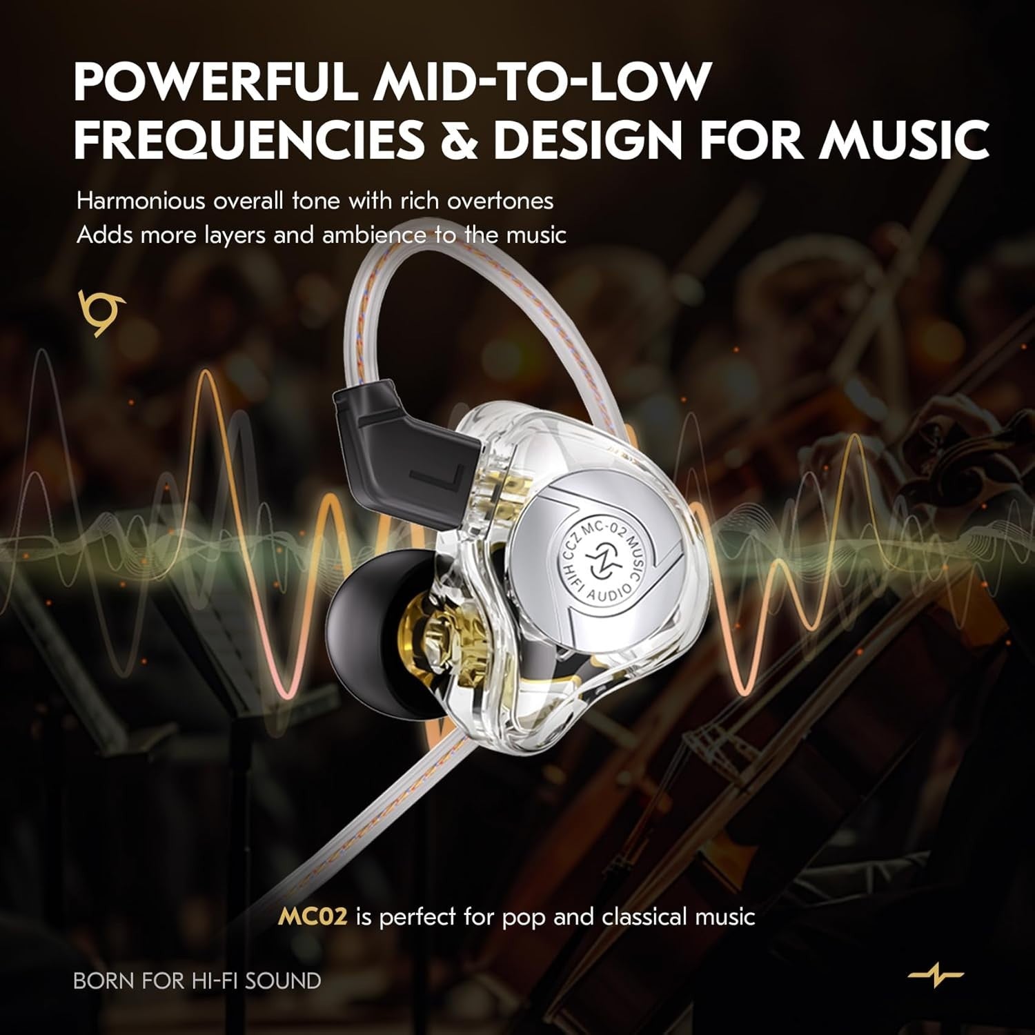 THE VOLTRAY VAULT CCZ MC02 in-ear monitors with clear design, emphasizing powerful mid-to-low frequencies for music.