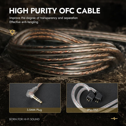 High Purity OFC Cable by THE VOLTRAY VAULT, featuring a 3.5mm plug and 2-pin TFZ connectors for enhanced audio clarity.