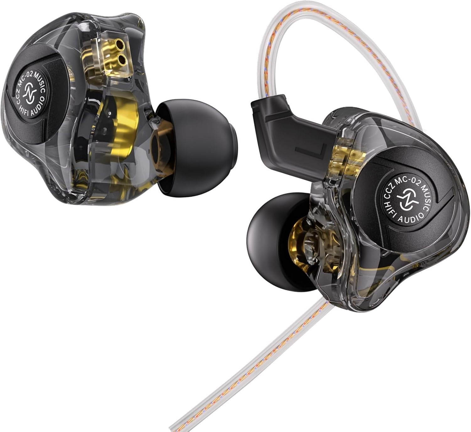 THE VOLTRAY VAULT CCZ MC02 in-ear monitors with transparent housing and gold accents, featuring a detachable cable.