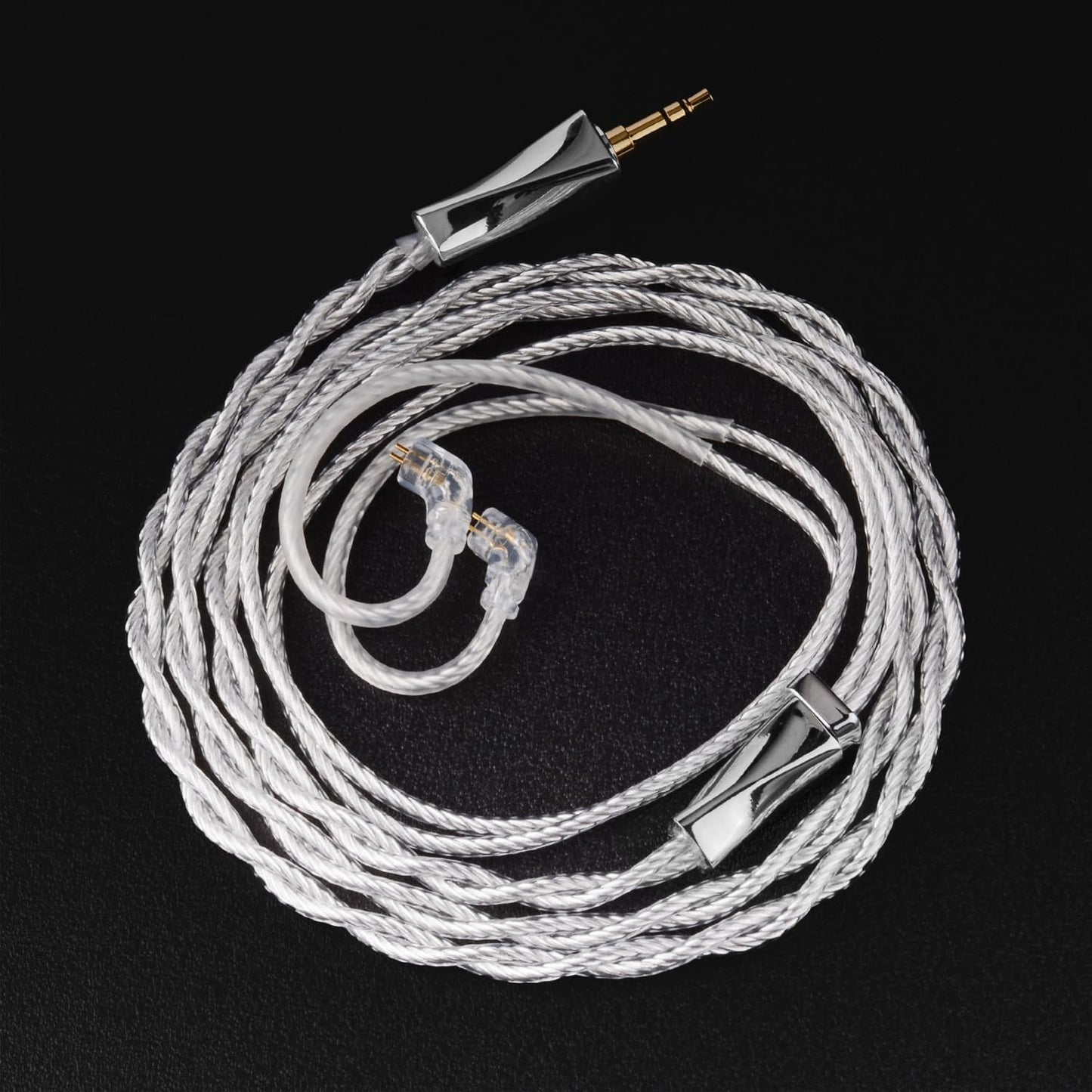 FAAEAL IEM Cable by THE VOLTRAY VAULT, featuring a braided design with clear connectors and a gold-plated 3.5mm jack.