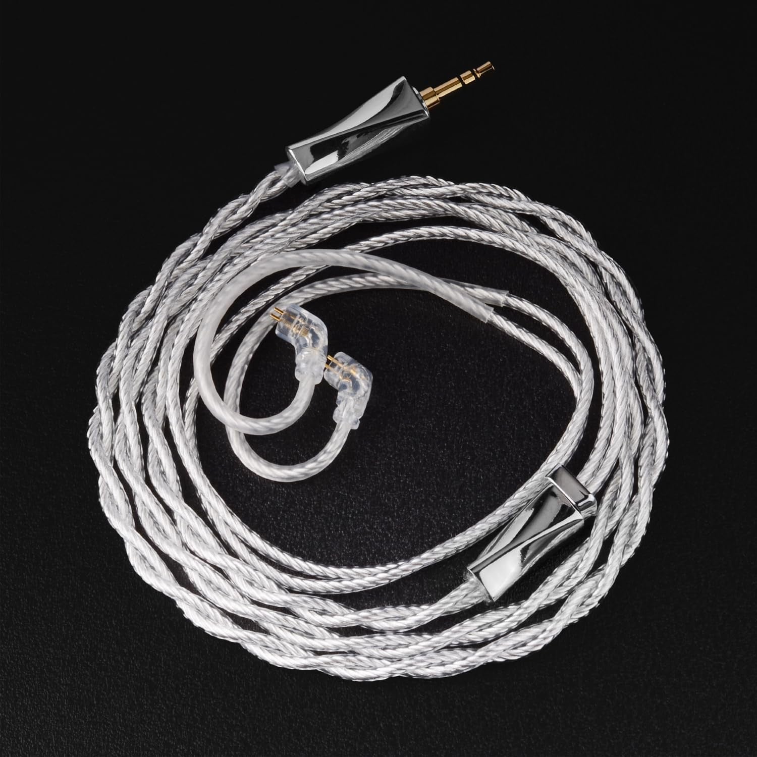 FAAEAL IEM Cable by THE VOLTRAY VAULT, featuring a braided design with clear connectors and a gold-plated 3.5mm jack.