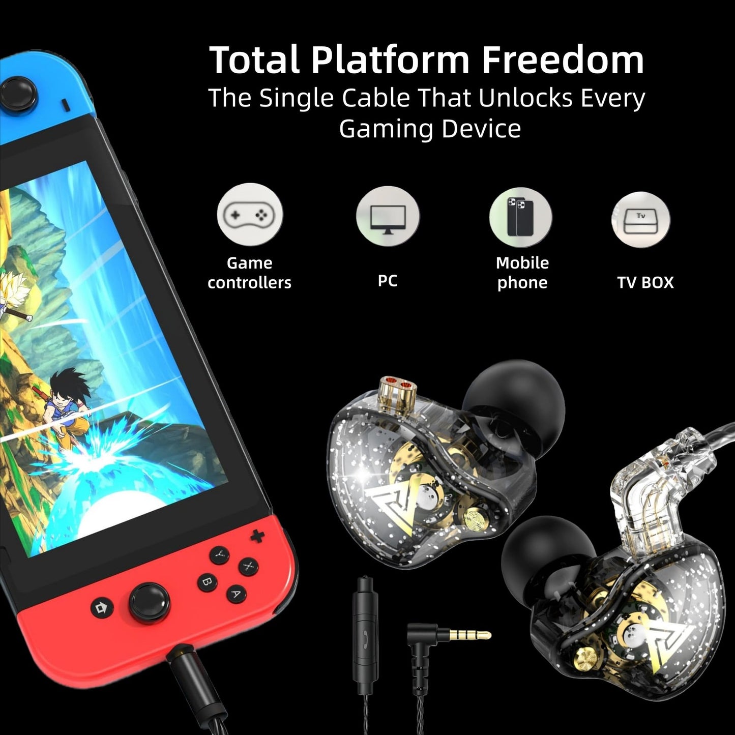 QKZ AK6 Pro transparent in-ear headphones with single cable compatible with game controllers, PC, mobile phones, and TV box.