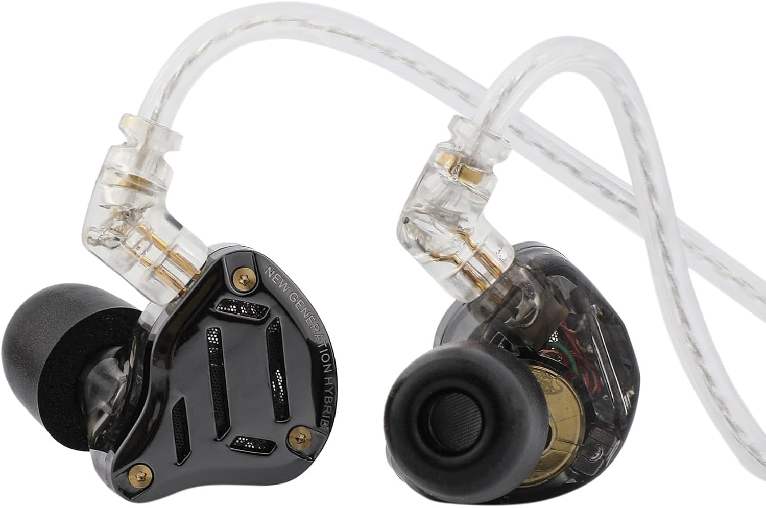 KZ ZS10 PRO 2 in-ear monitors with transparent black housing and detachable clear cable.