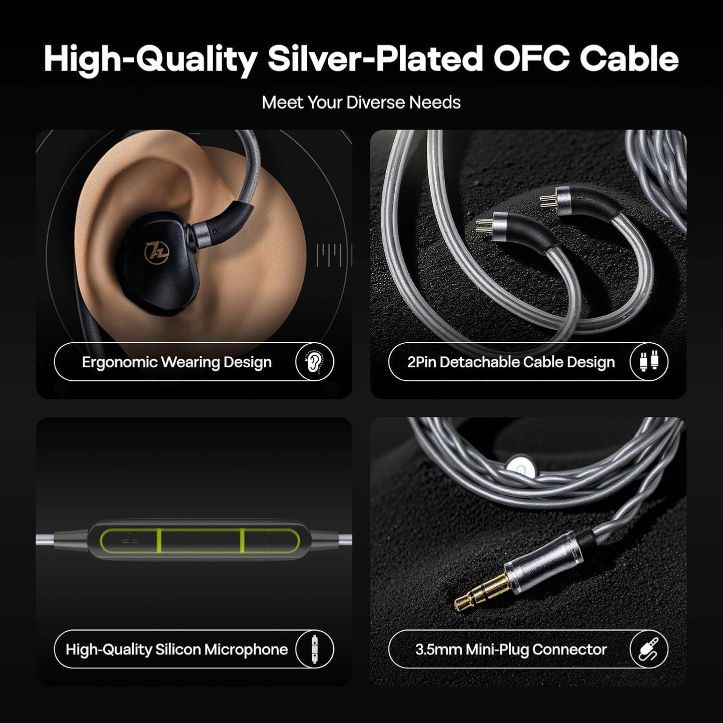 Linsoul 7HZ G1 in-ear headphones with ergonomic design, detachable cable, silicone microphone, and 3.5mm connector.