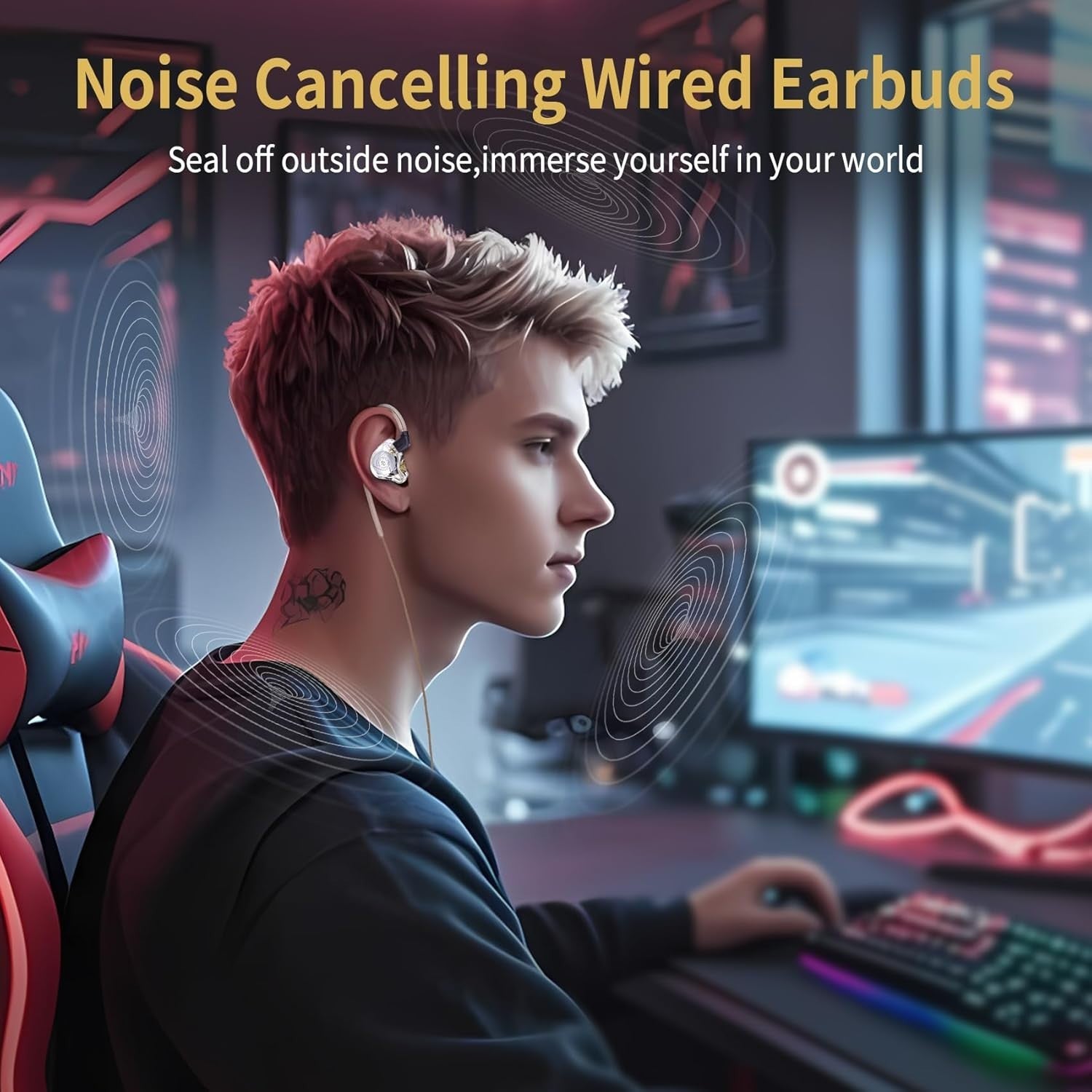 Noise Cancelling Wired Earbuds CCZ MC02, designed for immersive sound experience while gaming or listening.