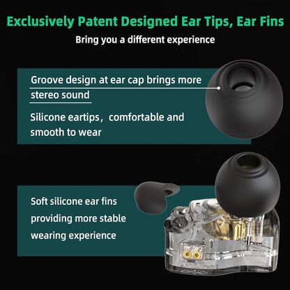 CCZ BC01 PRO showing patented black silicone ear tips and soft ear fins for improved sound and fit stability