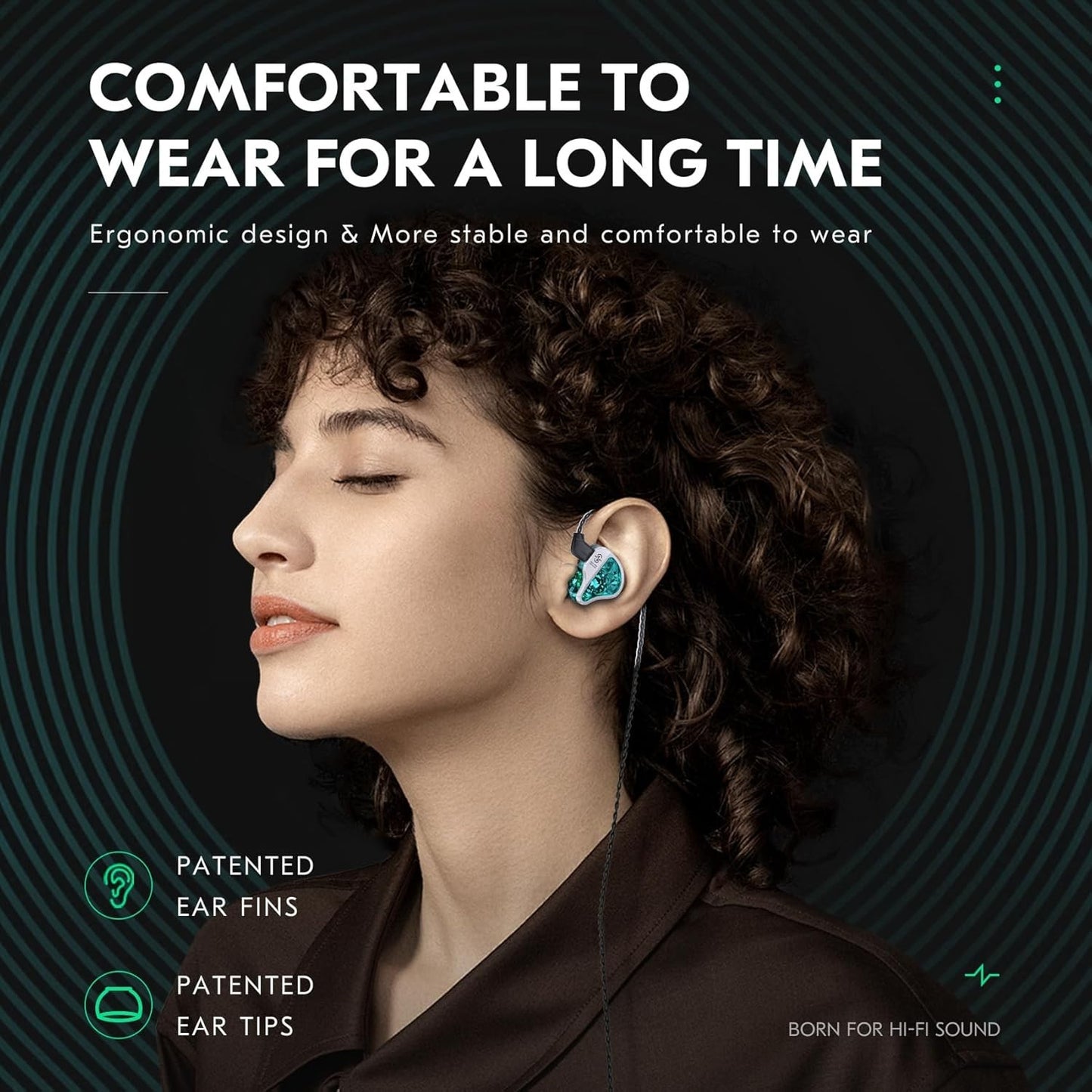 Woman wearing CCZ BC01 PRO earphones highlighting ergonomic design and comfort for long-term use with patented ear fins and tips