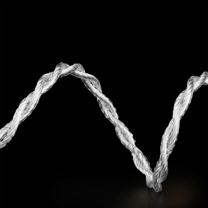 Silver braided IEM cable from THE VOLTRAY VAULT, showcasing a sleek and flexible design against a black background.