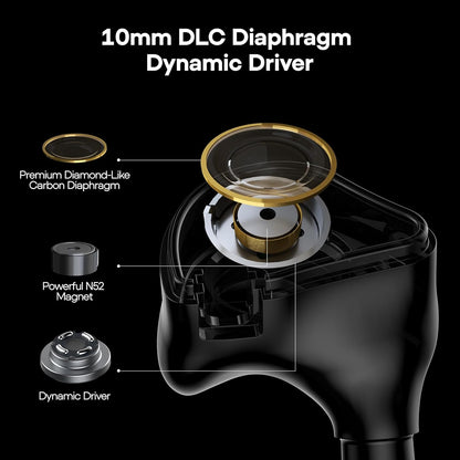 Close-up of Linsoul 7HZ G1 earphone showing 10mm DLC diaphragm dynamic driver and powerful N52 magnet.