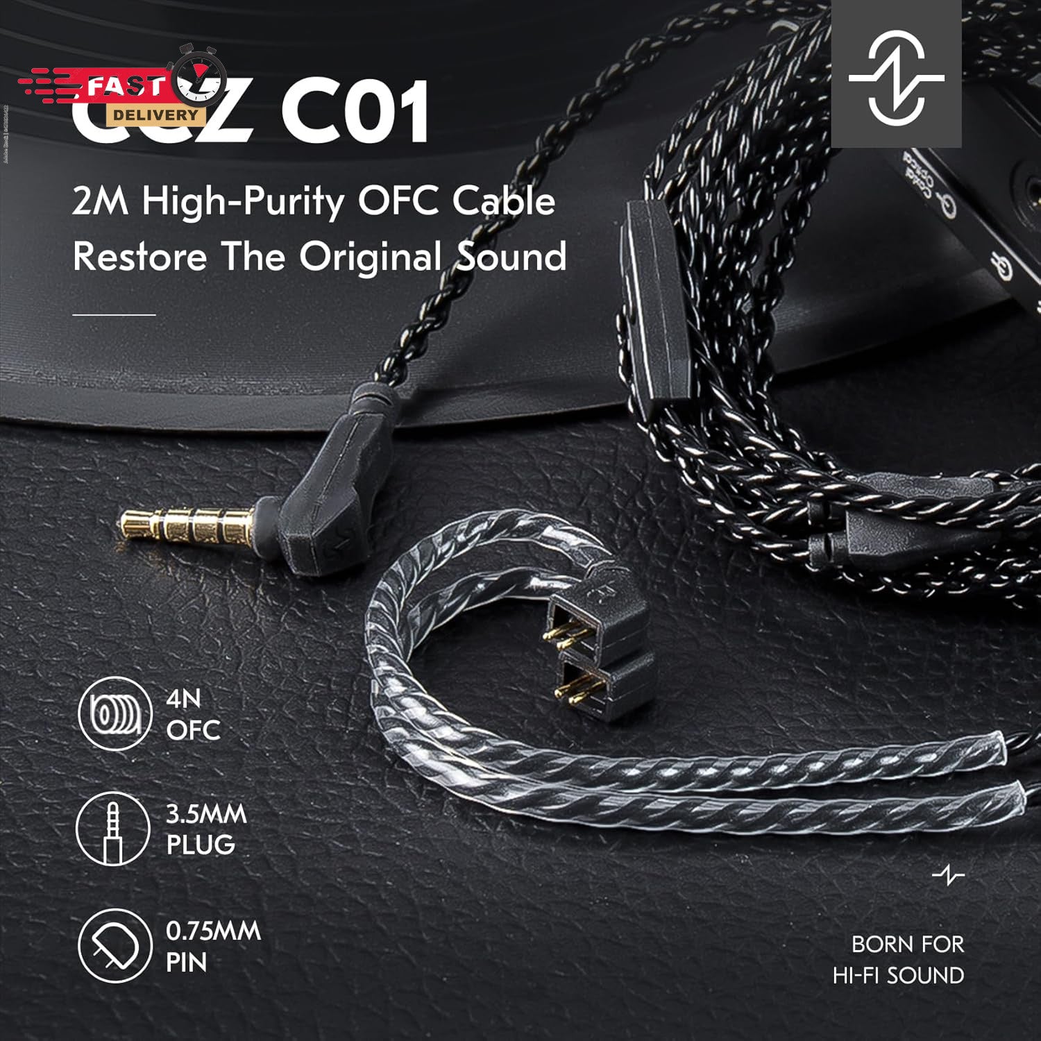 KZ ZS10 PRO Cable with Mic showing high-purity OFC braided cable and 3.5mm plug for hi-fi sound restoration