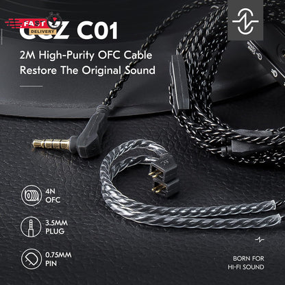 KZ ZS10 PRO Cable with Mic showing high-purity OFC braided cable and 3.5mm plug for hi-fi sound restoration