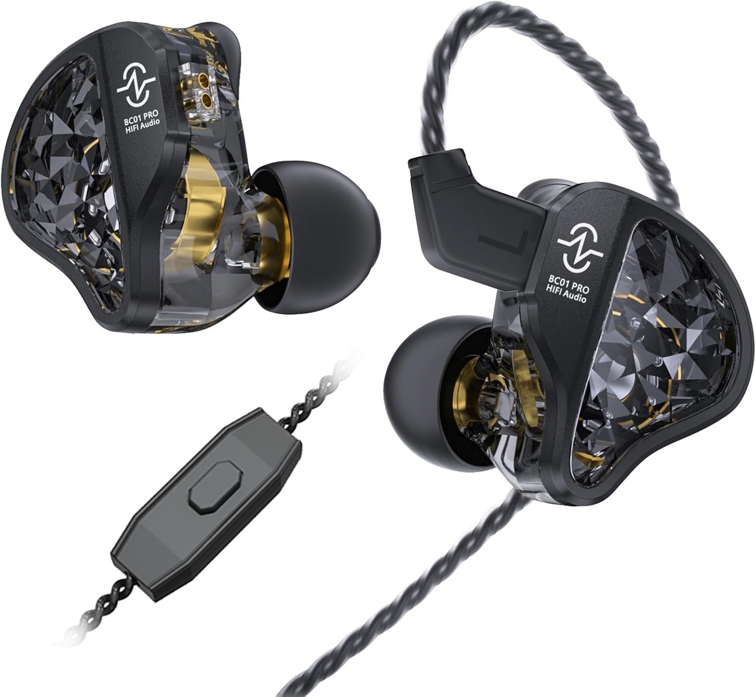 CCZ BC01 PRO in-ear wired earphones with transparent black casing and built-in inline remote control button