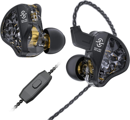 CCZ BC01 PRO in-ear wired earphones with transparent black casing and built-in inline remote control button