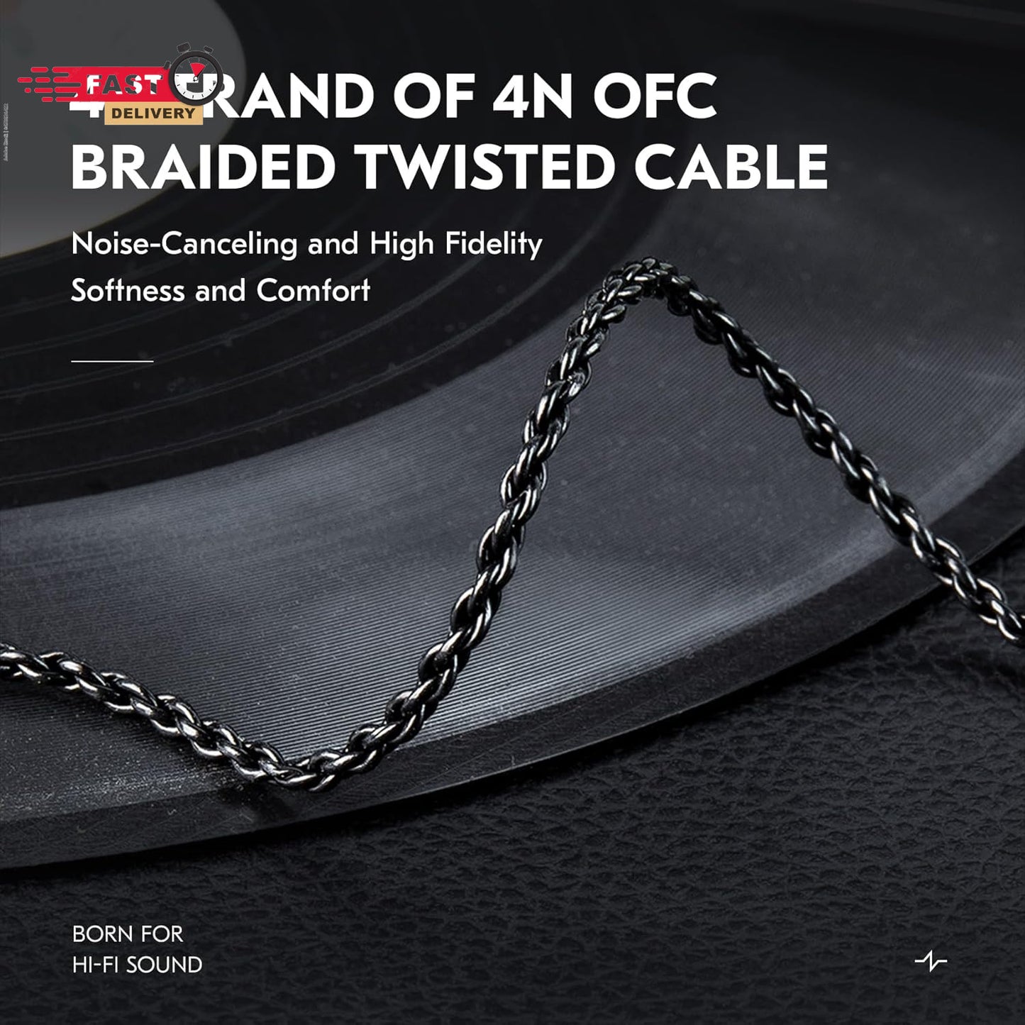 KZ ZS10 PRO Cable with Mic showing braided twisted 4N OFC cable emphasizing noise-canceling and comfort features