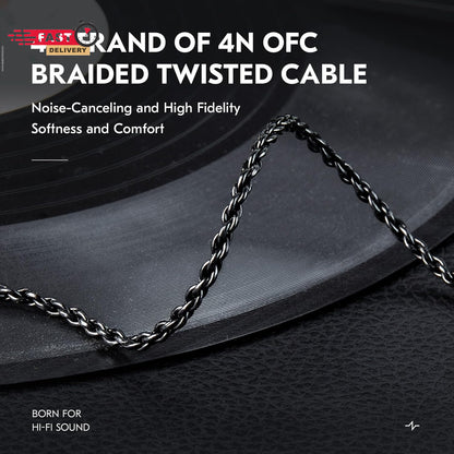 KZ ZS10 PRO Cable with Mic showing braided twisted 4N OFC cable emphasizing noise-canceling and comfort features