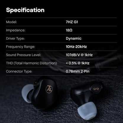 Linsoul 7HZ G1 in-ear monitors with dynamic drivers, 18Ω impedance, and 10Hz-20kHz frequency range.