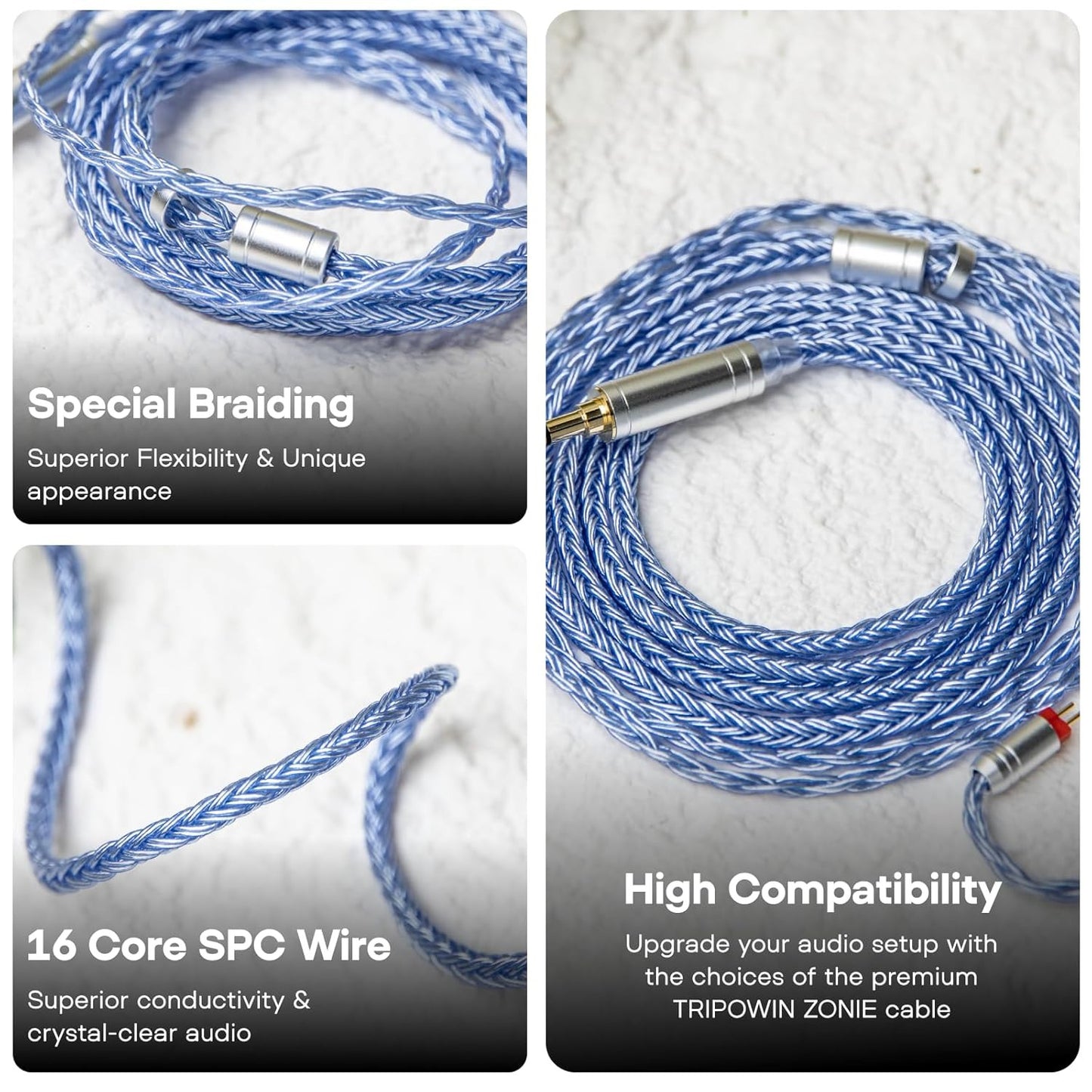 Linsoul Tripowin Zonie Cable featuring special braiding, 16 core SPC wire, and high compatibility for audio setups.