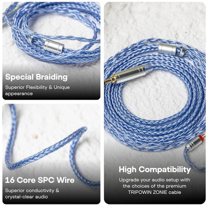 Linsoul Tripowin Zonie Cable featuring special braiding, 16 core SPC wire, and high compatibility for audio setups.