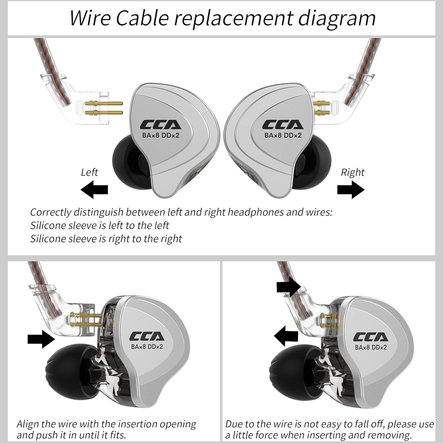 Diagram showing the CCA C10 earphones with wire cable replacement instructions, highlighting left and right identification.