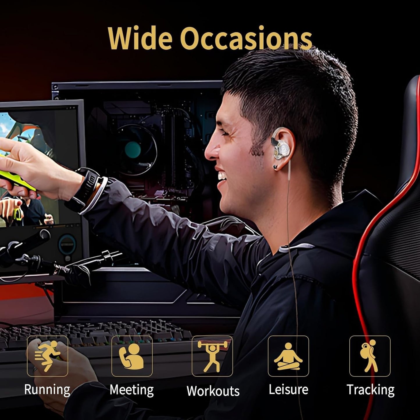 THE VOLTRAY VAULT CCZ MC02 earbuds showcased with a user engaging in gaming, highlighting versatility for various activities.