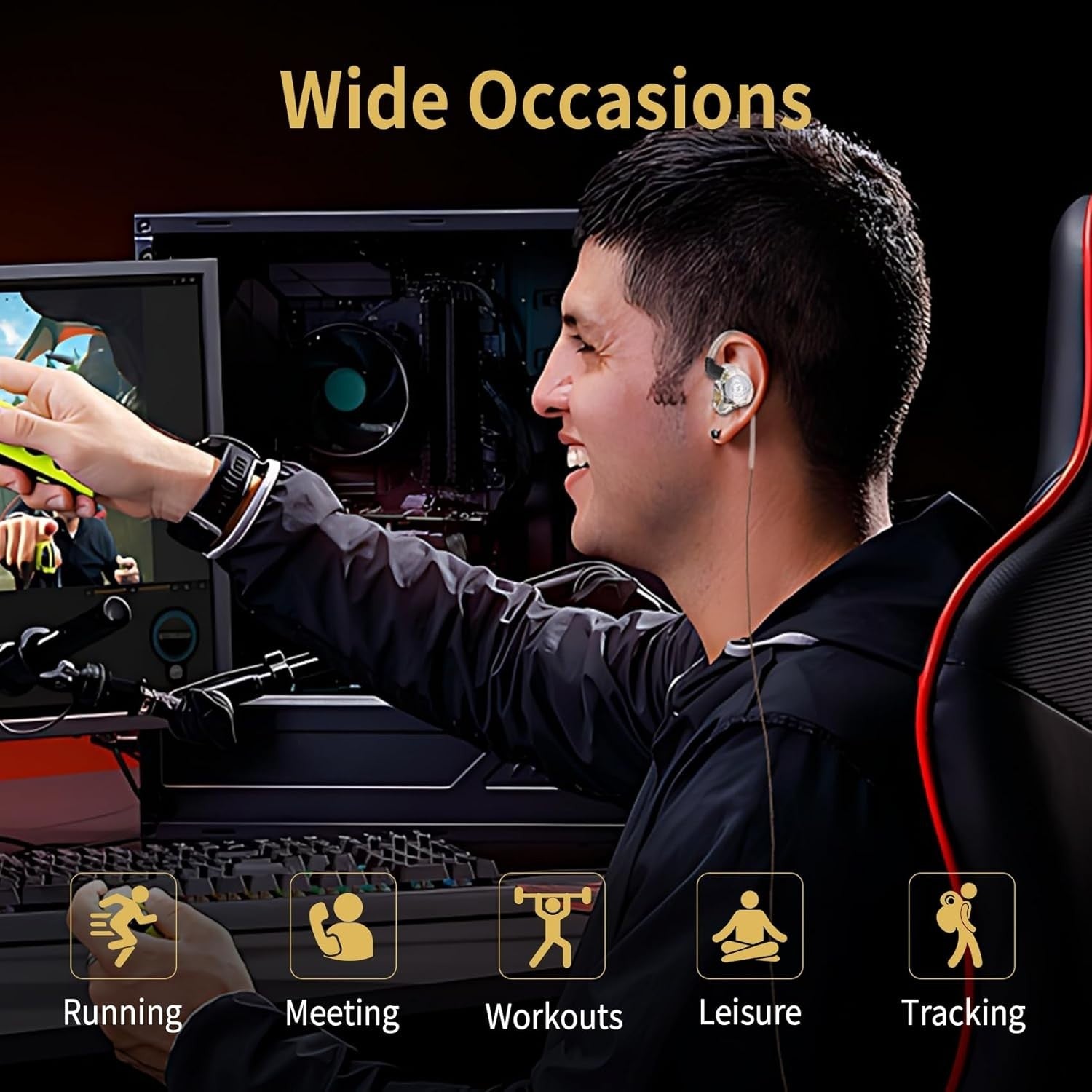 THE VOLTRAY VAULT CCZ MC02 earbuds showcased with a user engaging in gaming, highlighting versatility for various activities.