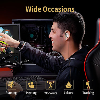 THE VOLTRAY VAULT CCZ MC02 earbuds showcased with a user engaging in gaming, highlighting versatility for various activities.