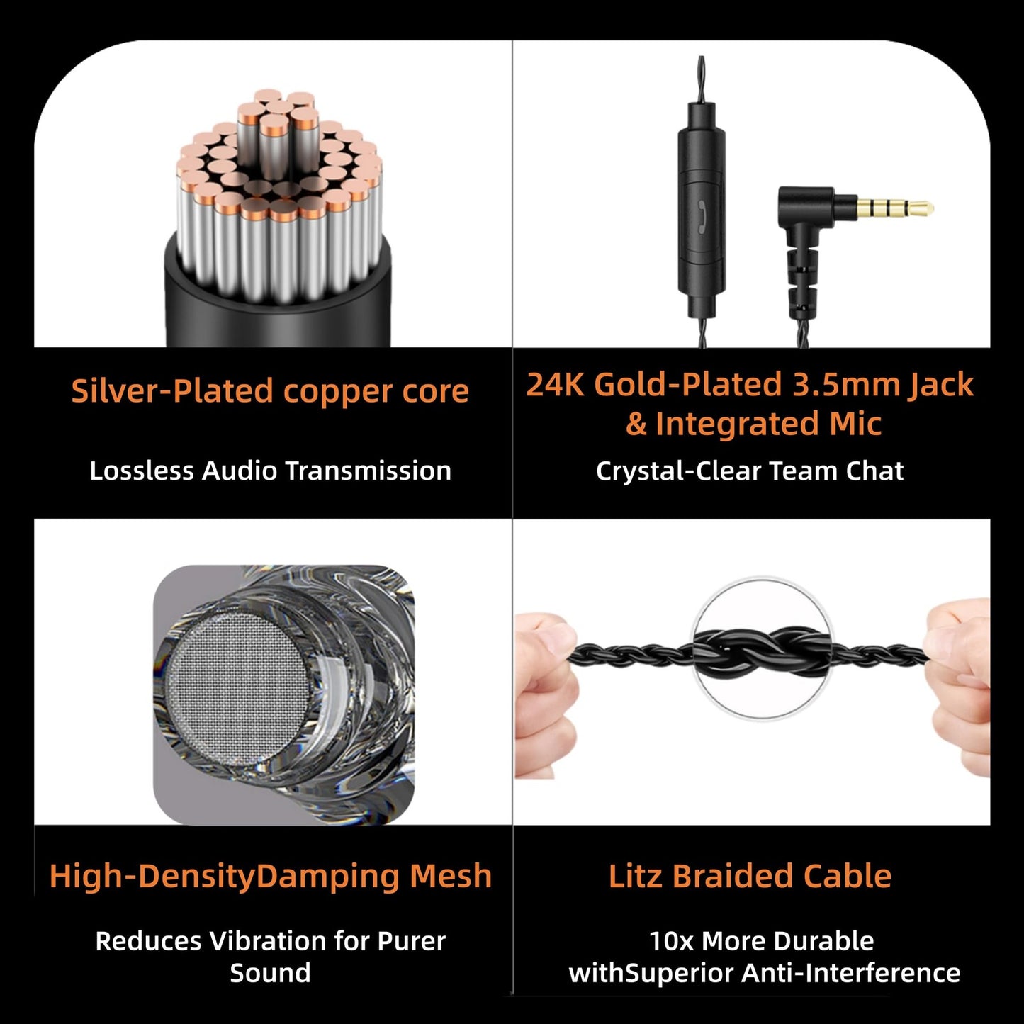QKZ AK6 Pro earphones with silver-plated copper core, gold-plated 3.5mm jack, damping mesh, and braided cable