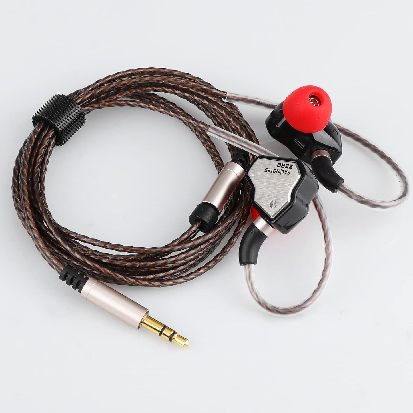 Salnotes Zero wired in-ear headphones with braided cable and red ear tips against white background
