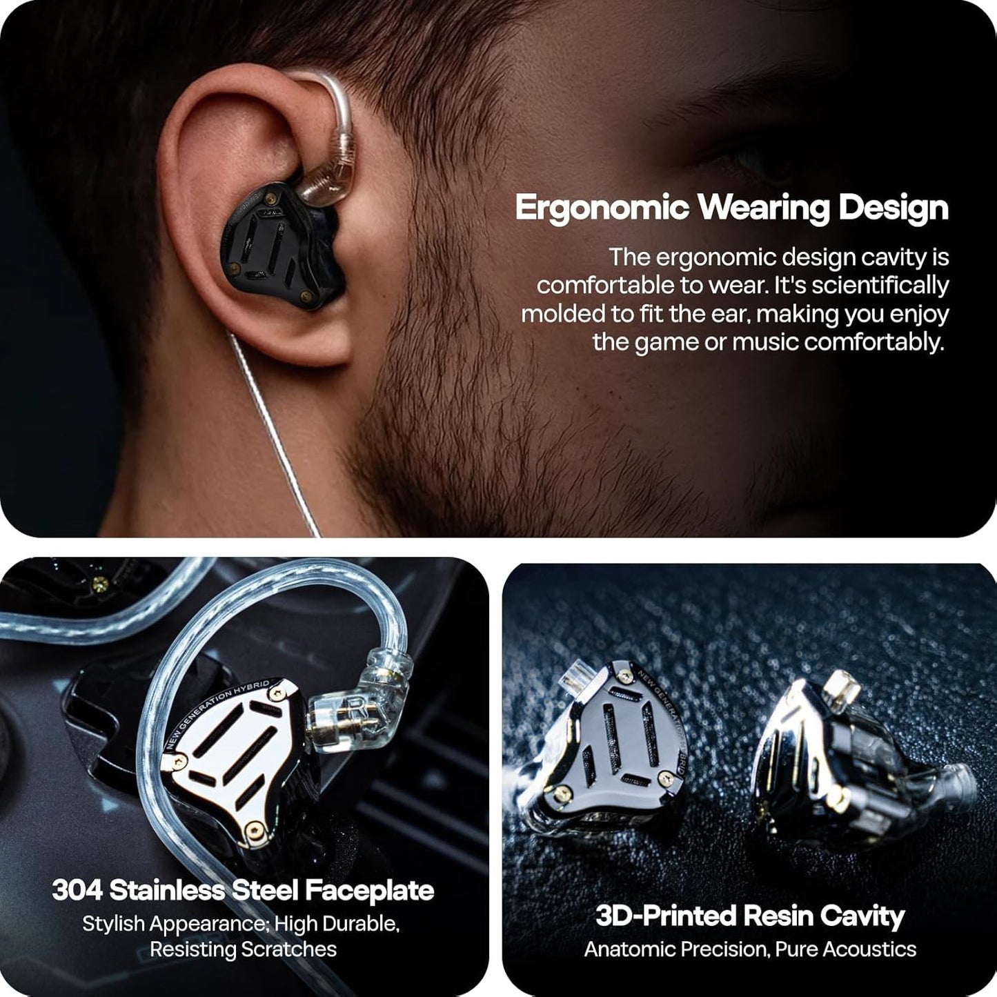 Person wearing black KZ ZS10 PRO 2 earphones with clear cables and stainless steel faceplates shown up close.