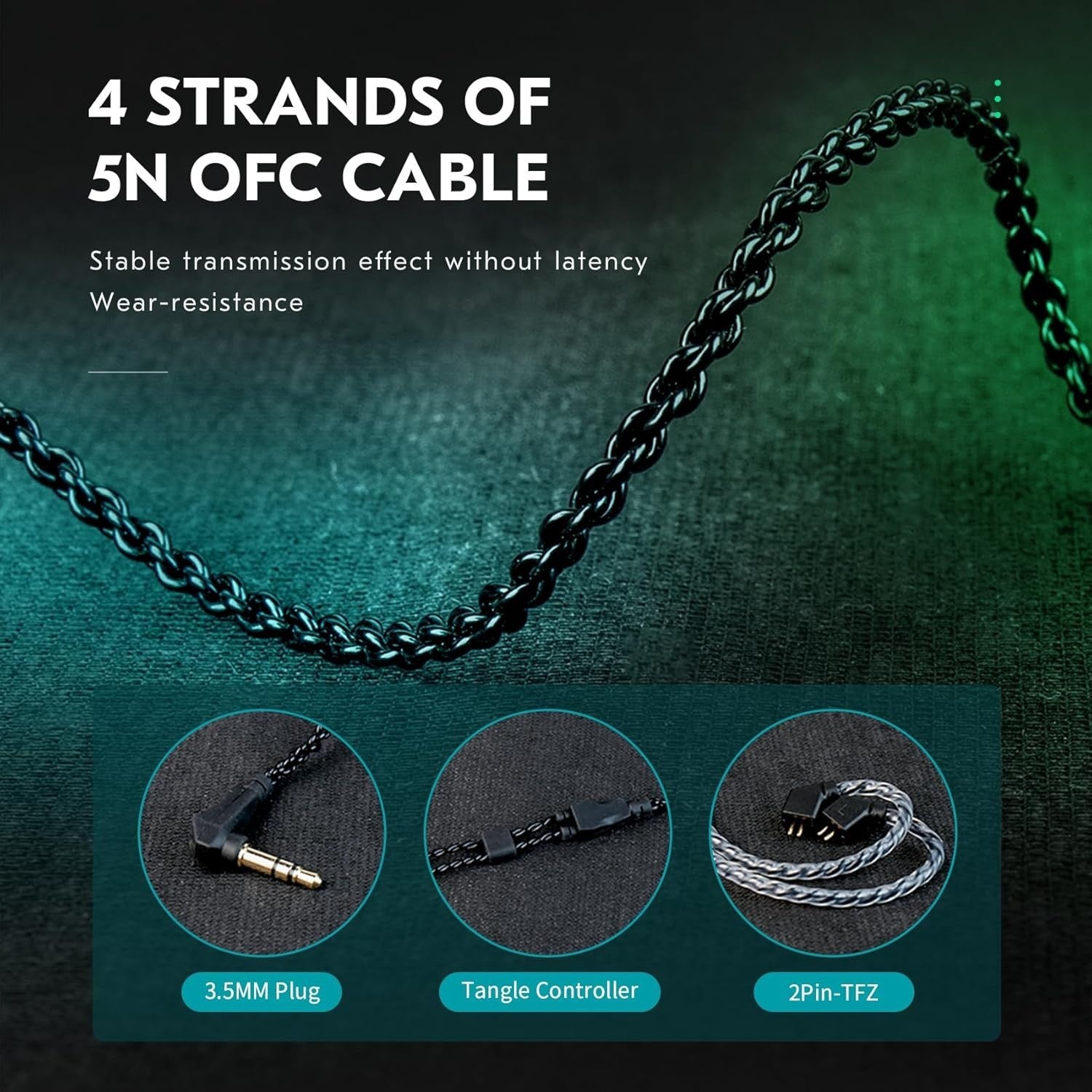 CCZ BC01 PRO cable with 4 strands of 5N OFC, showing 3.5mm plug, tangle controller, and 2Pin-TFZ connector