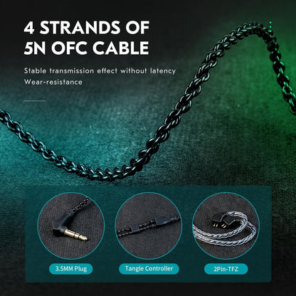 CCZ BC01 PRO cable with 4 strands of 5N OFC, showing 3.5mm plug, tangle controller, and 2Pin-TFZ connector