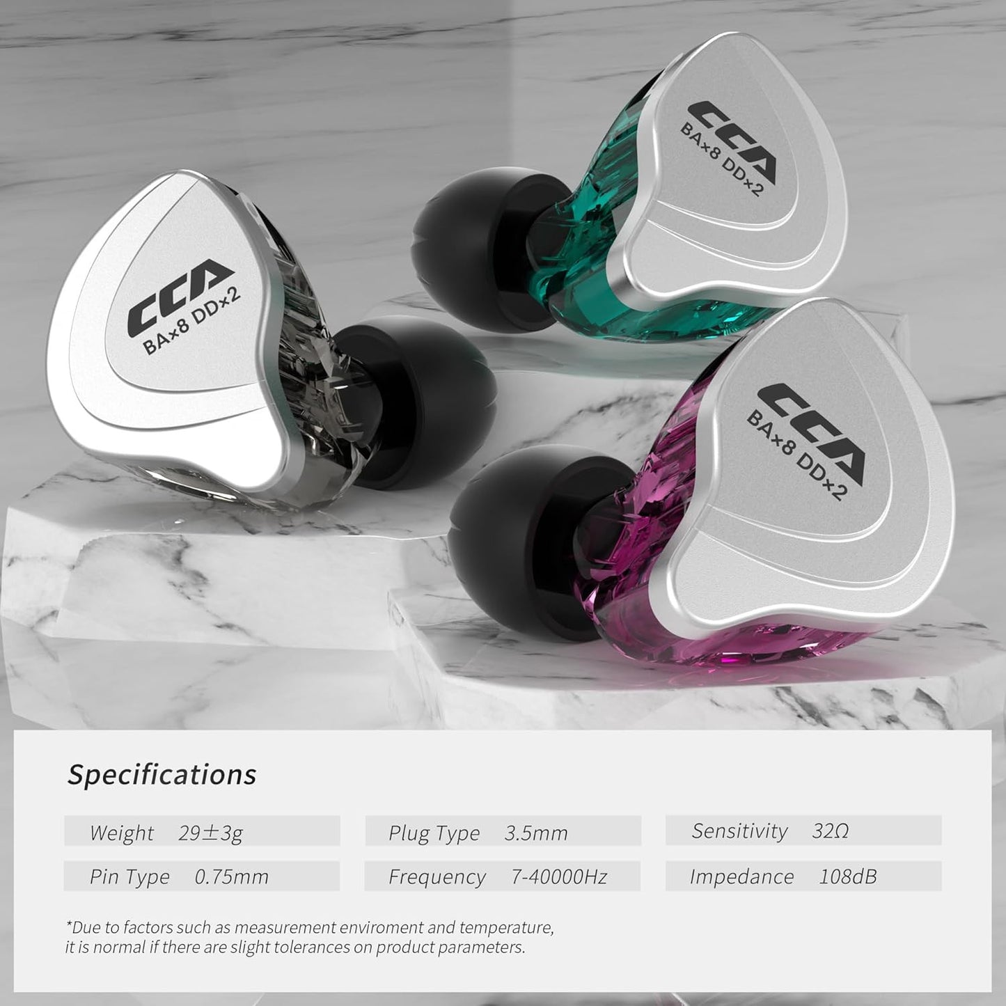 Image of CCA C10 in-ear monitors by THE VOLTRAY VAULT, featuring three color variants on a marble surface with specifications