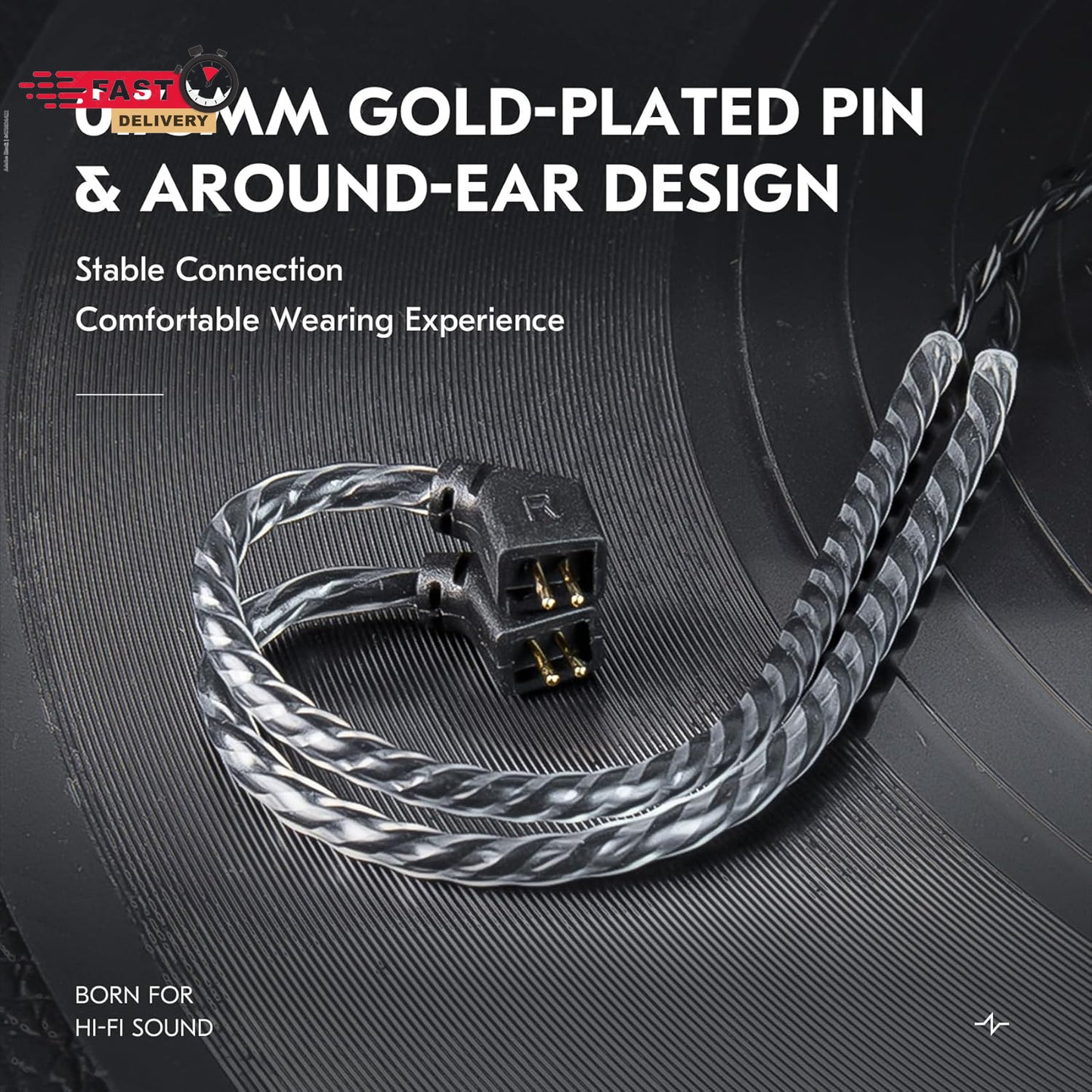 KZ ZS10 PRO Cable with Mic showing 0.78mm gold-plated pins and twisted black cable for around-ear design