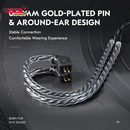 KZ ZS10 PRO Cable with Mic showing 0.78mm gold-plated pins and twisted black cable for around-ear design