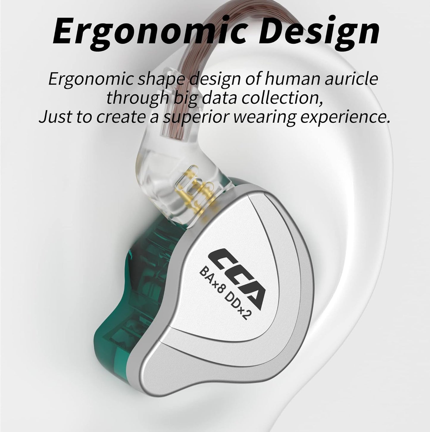 Ergonomic CCA C10 in-ear monitors with a transparent design, showcasing detailed craftsmanship and comfort features.