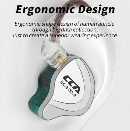Ergonomic CCA C10 in-ear monitors with a transparent design, showcasing detailed craftsmanship and comfort features.